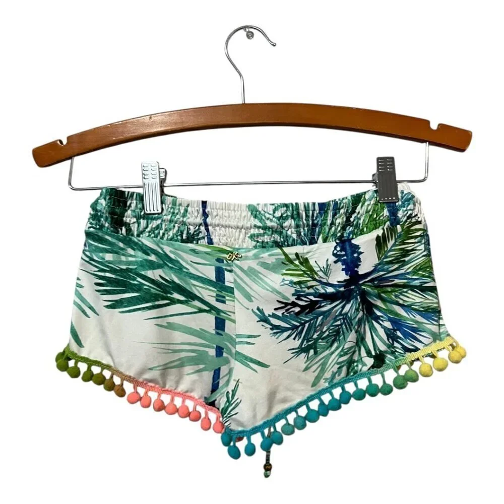 PilyQ Girls Swim Shorts Cover Up Size Small Pom Poms Tropical
